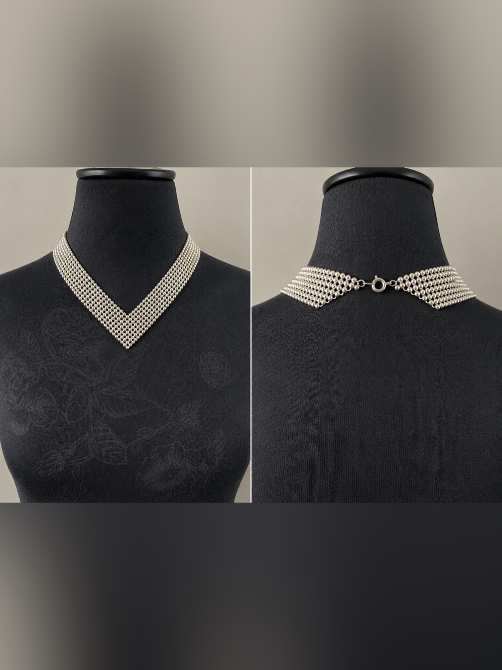 Vintage Silver Bubble Mesh Bib Choker Necklace V Shaped Cowl Disco Collar